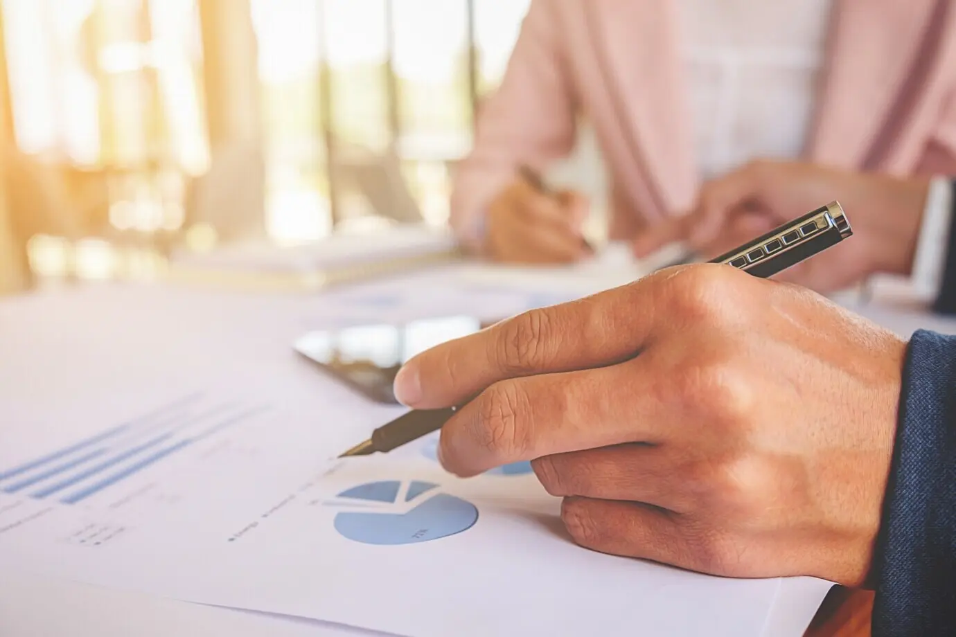 Office discussion about professional cooperation, an account, and a job.